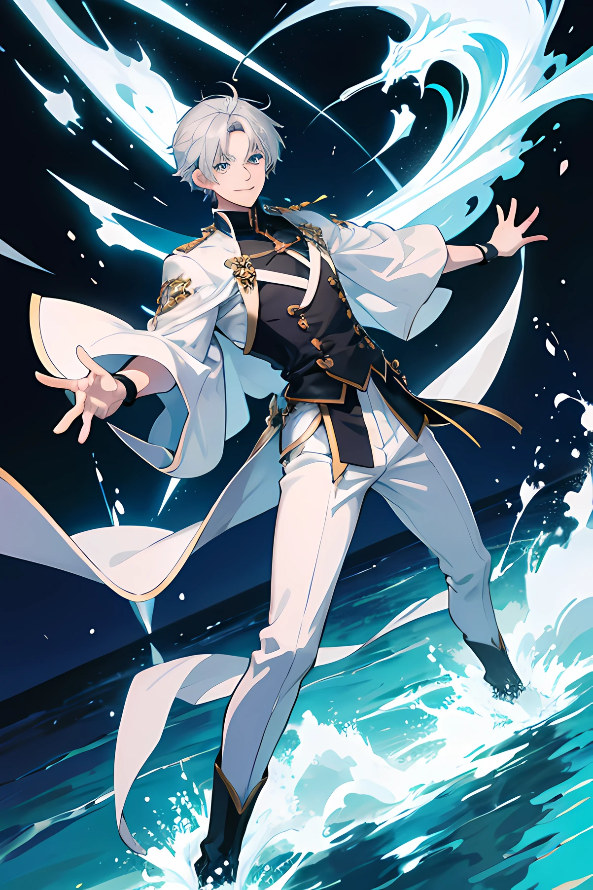 anime style, full body, dynamic pose, human male, young guy with handsome face, blue eyes, short silver, straight hair, kind smile, mixing european and japanese style revealing clothing in black and white, on the shore.