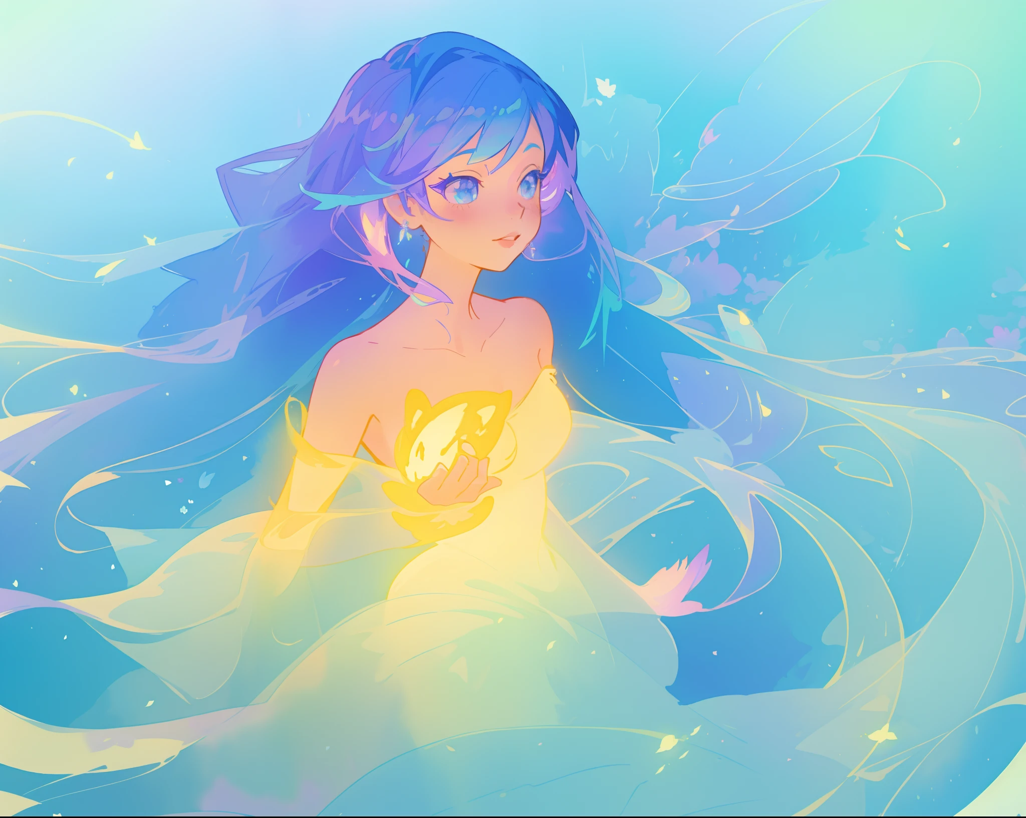 beautiful girl in yellow mint gradient flowing ballgown, long flowing blue purple hair, colorful fantasia background, watercolor illustration, disney art style, glowing aura around her, glowing lights, beautiful digital illustration, fantasia otherworldly landscape plants flowers, beautiful, masterpiece, best quality, anime disney style