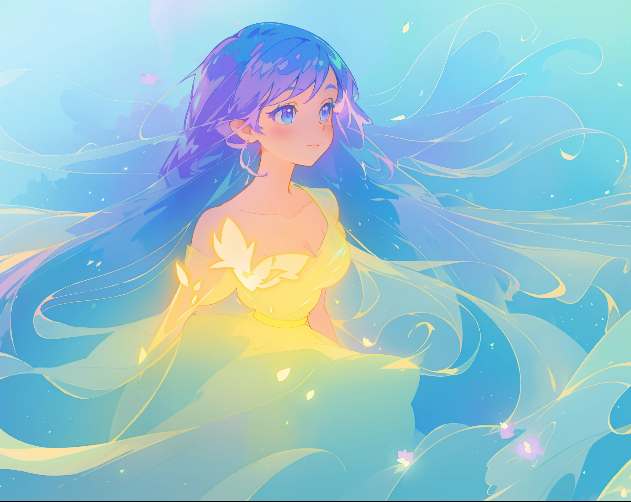 beautiful girl in yellow mint gradient flowing ballgown, long flowing blue purple hair, colorful fantasia background, watercolor illustration, disney art style, glowing aura around her, glowing lights, beautiful digital illustration, fantasia otherworldly landscape plants flowers, beautiful, masterpiece, best quality, anime disney style