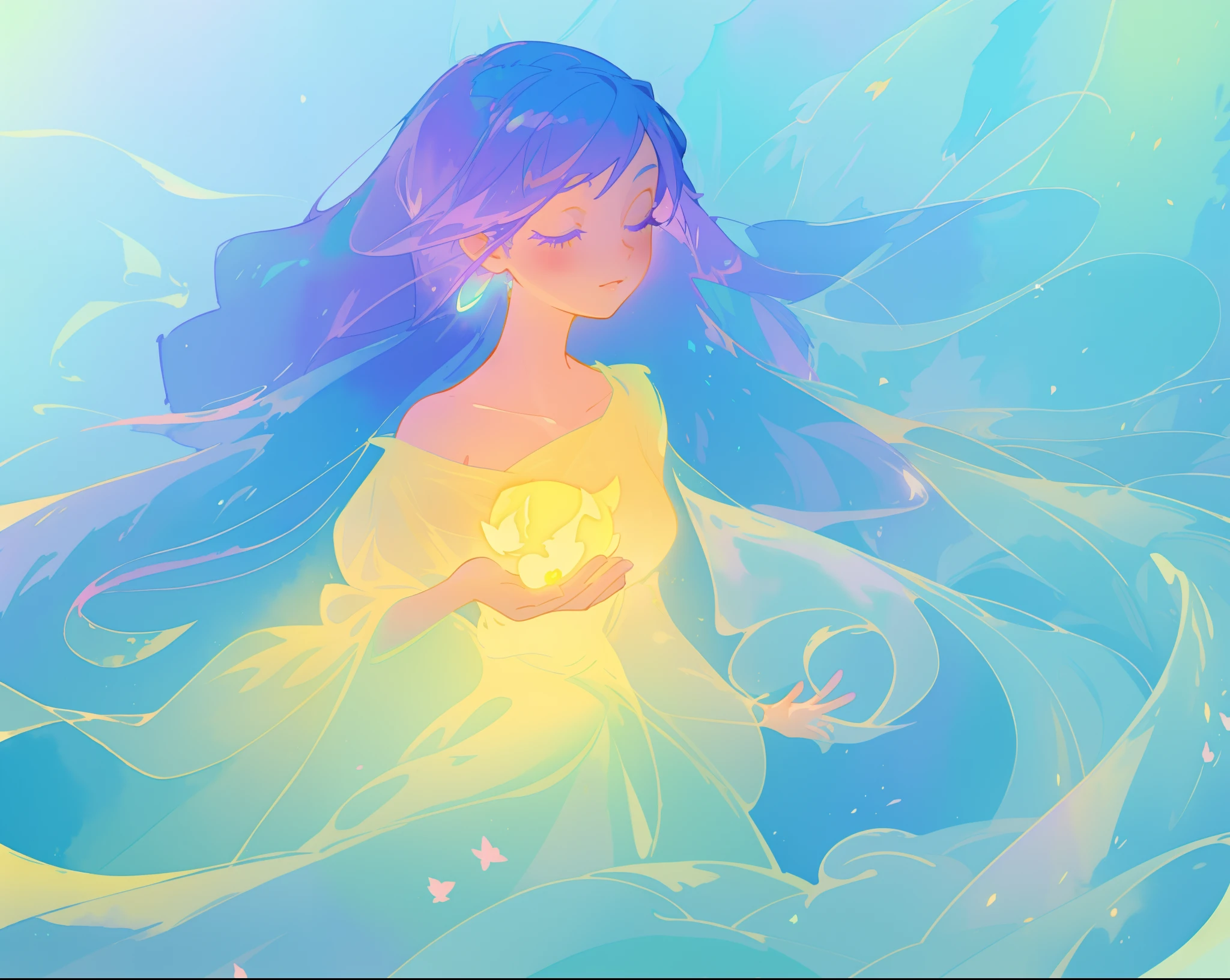 beautiful girl in yellow mint gradient flowing ballgown, long flowing blue purple hair, colorful fantasia background, watercolor illustration, disney art style, glowing aura around her, glowing lights, beautiful digital illustration, fantasia otherworldly landscape plants flowers, beautiful, masterpiece, best quality, anime disney style