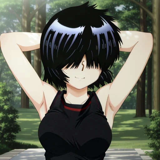 MikotoUrabe,1girl,hair over eyes, black undershirt, looking at viewer, contrapposto, spread armpit, arms behind head, solo, forest, night, smile,