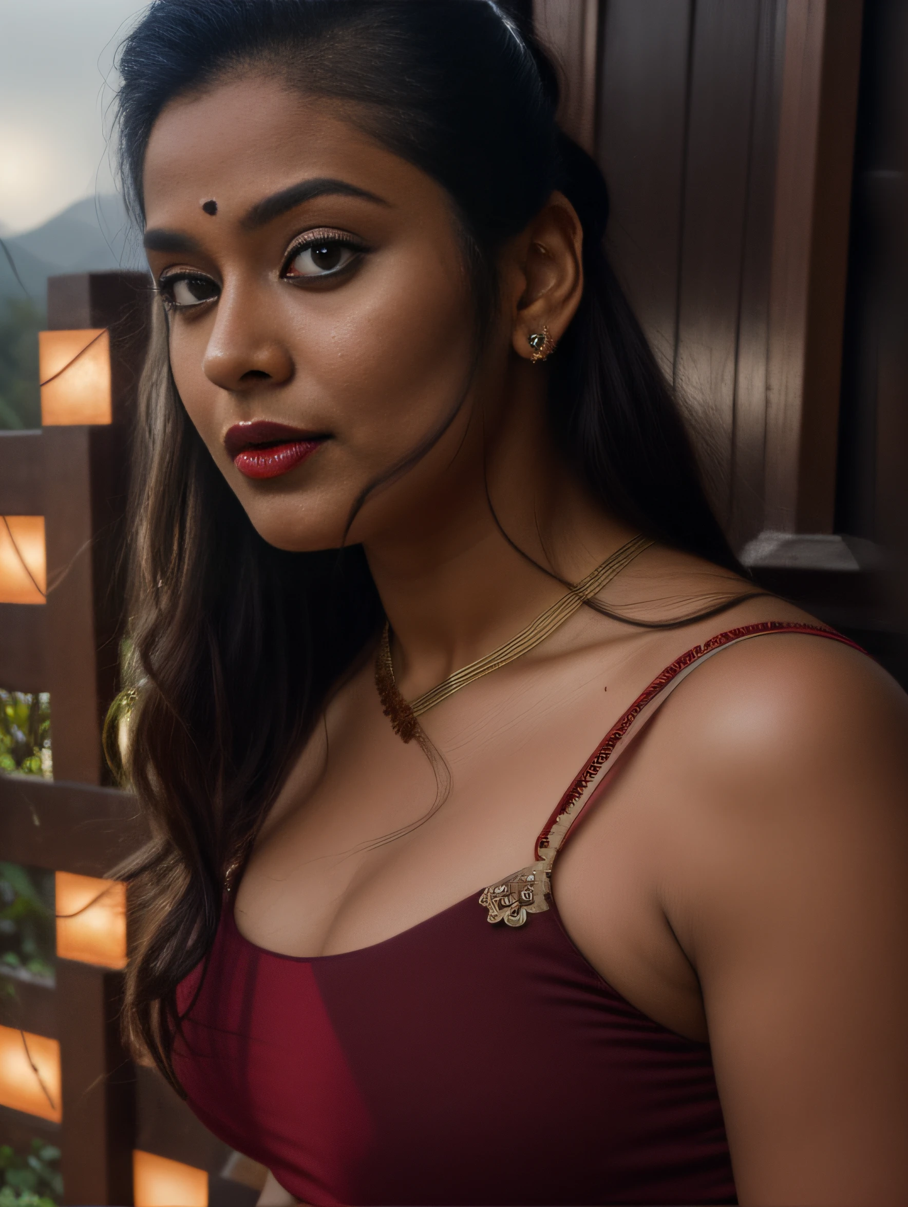 day scene, extreme close up photo of seductive indian model from top view wearing semi red top, big cheeks, red Hollywood lips, squatting near shrub in a garden, hourglass figure, armpits, (blue eyes:1), ponytail, necklace, 30 yo, look at viewer and smile,forest background (cinematic:1.3), intricate details, (ArtStation:1.2)