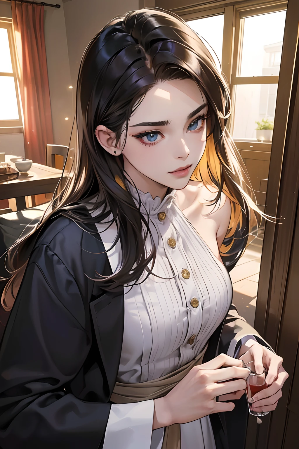 (masutepiece, Digital Art, Digital Illustration, 4K, 8K, Ultra-detailed, beautiful image, Sharp Image, Photorealistic, Raw photo, Perfect face, Perfect lines, Perfect eyes, Soft lighting) ,1 woman, (cabelos preto e longos,straight haired,Bullish gaze,Beautie,ellegance,Solid makeup,23 y-o woman,small tits:1.3),Two handsome men, (Men in suits,well-muscled,Firm shoulder width,Adult male,Boyish hairstyle,English gentlemanly style,Man in his 30s with a cool expression,28-year-old man with bright smile:1.2),A house where a typical family lives、Drinking at home、Home drinking、drinking party、Nodakure
