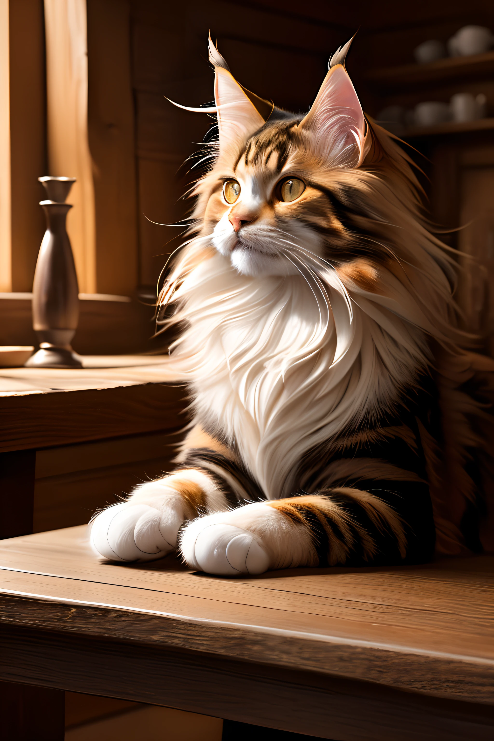 modelshoot style, 8k, portrait of a cute maine coon cat sitting on a wooden table in a medieval tavern, detailed fur, trending on ArtStation, trending on CGSociety, Intricate, High Detail, Sharp focus, dramatic lighting, digital painting, digital art, by artgerm, by Liang Xing, by WLOP