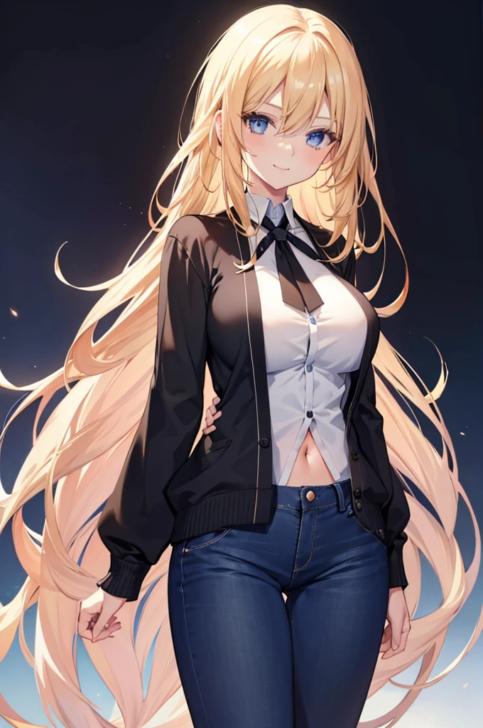 1girl, anime girl, golden hair, blue sapphire eyes, very long hair, perfect body, mature woman, mature look, mature appearance, mature body, big breasts, slender body, high quality, kind smile, serene smile, black cardigan, white shirt, black short jeans, masterpiece, 4k wallpaper, slightly exposed navel