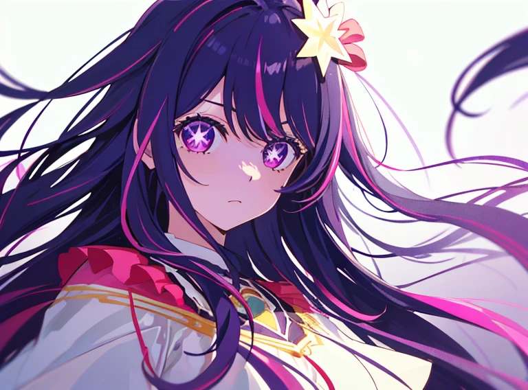 1girl, Hoshino Ai, Long hair, purple hair, Streaked Hair ,violet eyes, star-shaped pupils, hair ornament, (tmasterpiece), (beste-Qualit), (overdetalization),(messy hair),(illustartion), (a 1girl), (trendy clothes), stands, Model, looks at the viewer, (interview), (Simple background), beautiful detail eyes, Gentle beautiful face, soaring, (high saturation), (Colorful splashes), Colorful Bubble, (radiance), facial focus, (radiance), better lighting, better shadow, (tmasterpiece, hiquality, beste-Qualit),