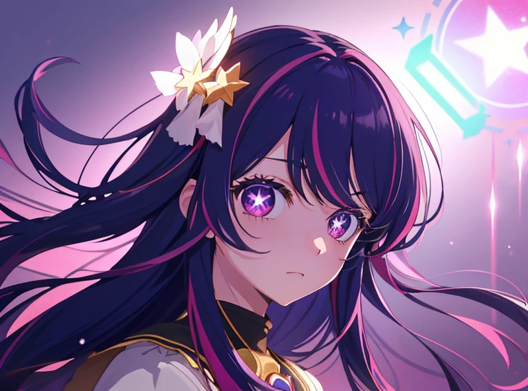 1girl, Hoshino Ai, Long hair, purple hair, Streaked Hair ,violet eyes, star-shaped pupils, hair ornament, (tmasterpiece), (beste-Qualit), (overdetalization),(messy  hair),(illustartion), (a 1girl), (trendy clothes), stands, Model, looks at the viewer, (interview), (Simple background), beautiful detail eyes, Gentle beautiful face, soaring, (high saturation), (Colorful splashes), Colorful Bubble, (radiance), facial focus, (radiance), better lighting, better shadow, (tmasterpiece, hiquality, beste-Qualit),