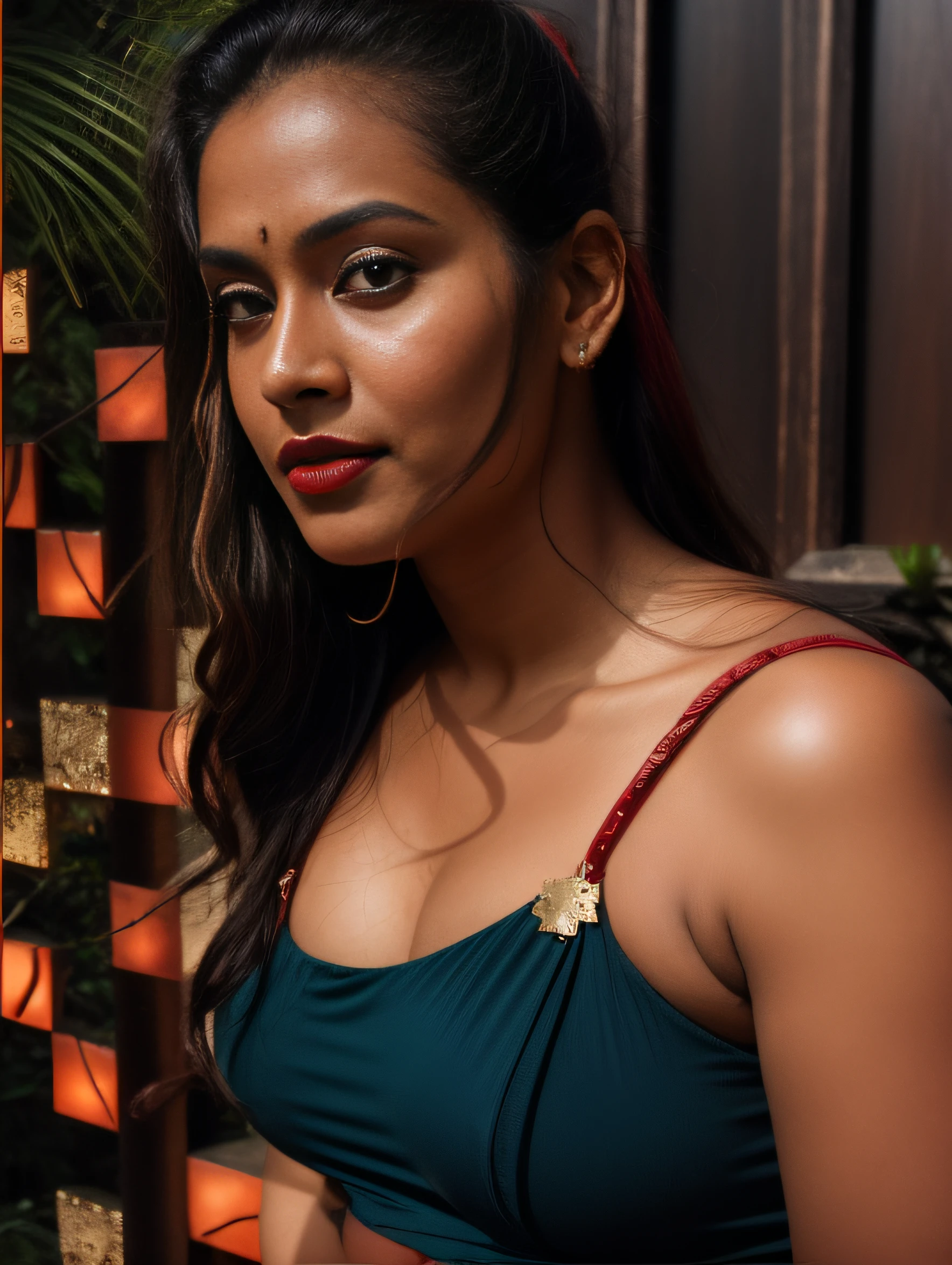 day scene, extreme close up photo of seductive indian model from top view wearing semi red top, big cheeks, red Hollywood lips, squatting near shrub in a garden, hourglass figure, armpits, (blue eyes:1), ponytail, necklace, 30 yo, look at viewer and smile,forest background (cinematic:1.3), intricate details, (ArtStation:1.2)