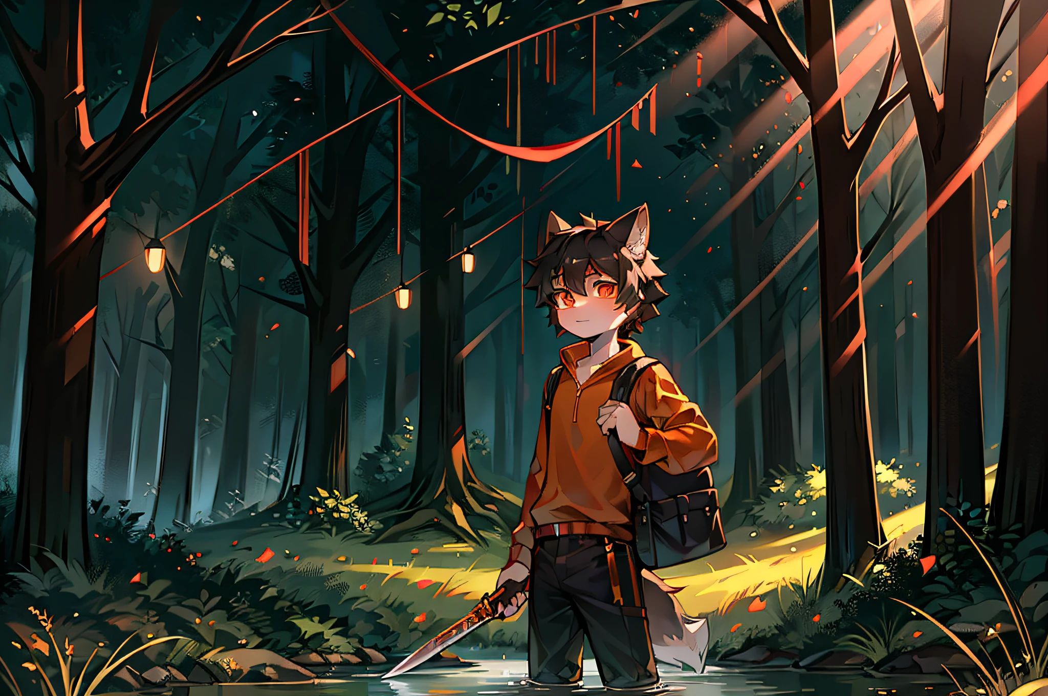 Black Haired Wolf,Orange shirt,backpacks,Holding a long sword,Orange pupils,ln the forest,flowing river,Shota,adolable,In the daytime,By the tree,solo person,Pinch your waist with your hands