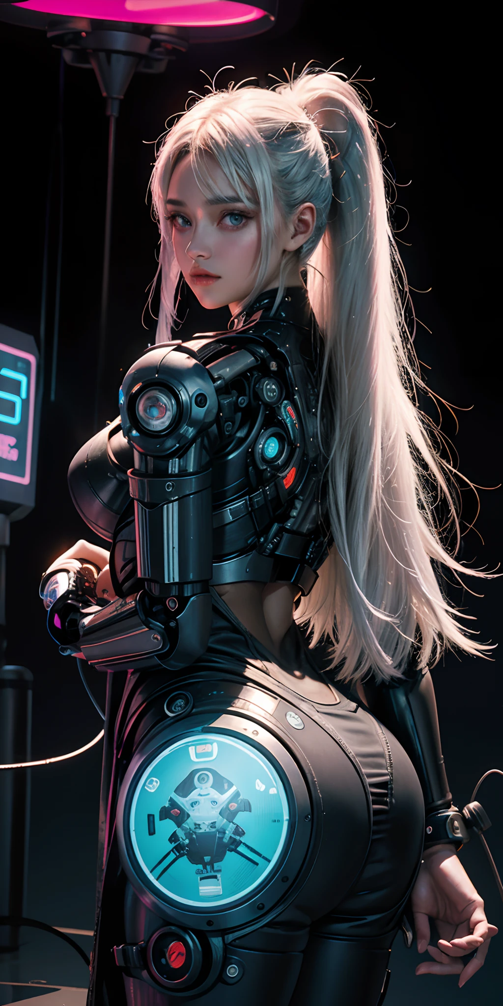 Una chica cyborg retrofuturista con luces de neon ,muchas partes mecanicas , white hair ,big tits , estilo cyberpunk,colores synthwave,otro planeta,cara de robot,estilo terminator,realista,