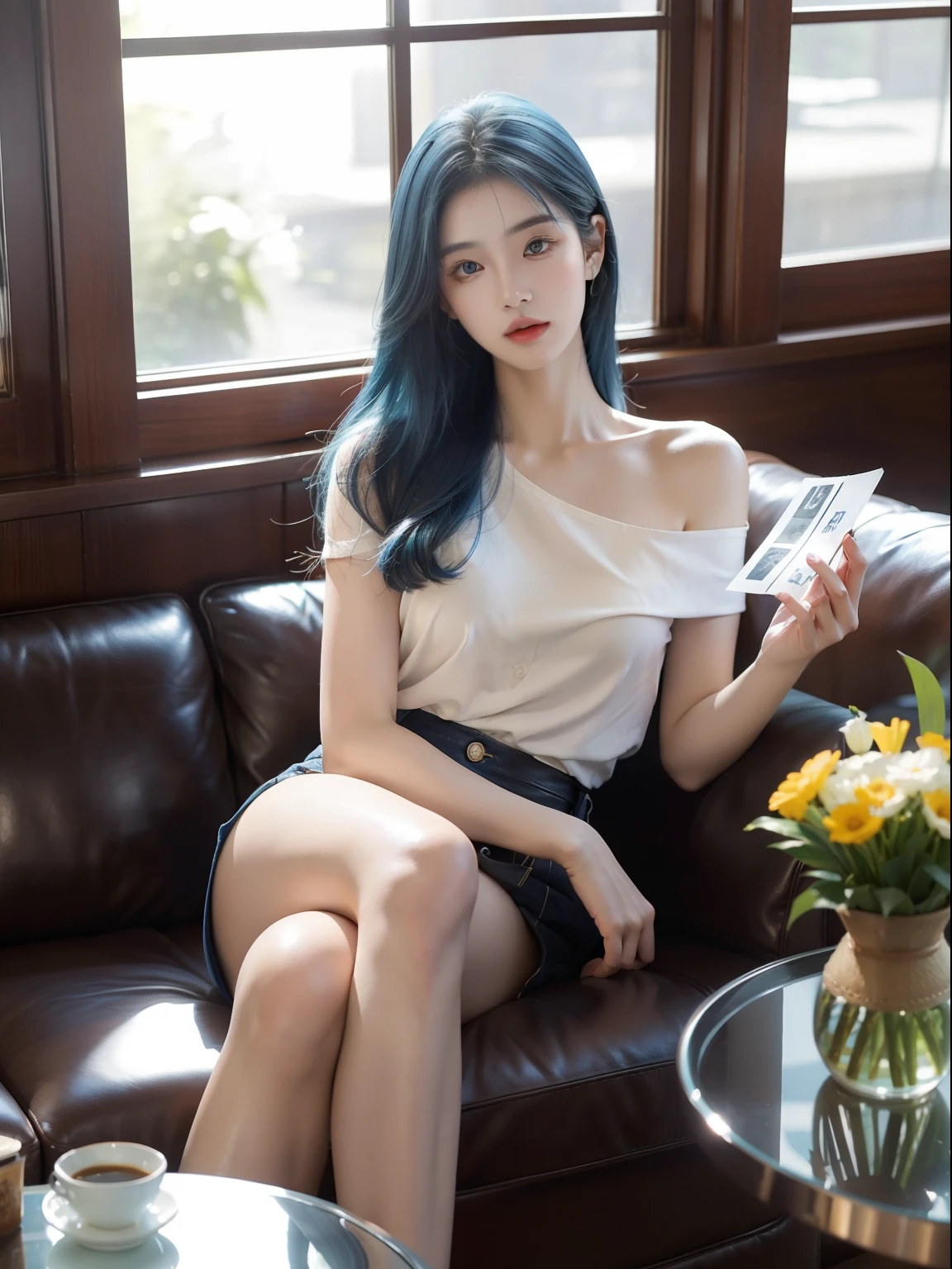 Lee Hyun Korean woman sitting at a coffee table，Holding a photo of sunlight shining through the coffee window, Blue hair, Dynamic pose, Skin texture, Pale skin, Shiny skin, (Slim, Petite:1.2), [:(sharp focus on face, Detailed face, Perfect eyes, view the viewer:1.2):0.2], Photorealistic, filmgrain, Best quality, Masterpiece