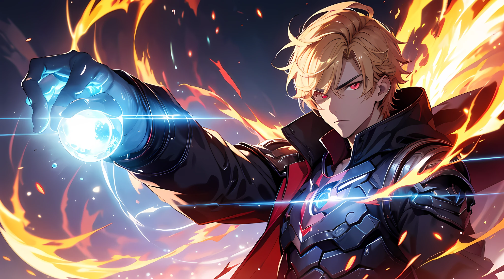 (ultra-detailed, perfect pixel, highres, best quality, beautiful eyes finely detailed), 19 years old boy, (full body:0.8), have power like demon god in manhwa, full of demonic aura, angry facial expression, red eye color (glowing red eyes), blonde hair (half of his hair covered with blue flame), with knight outfit, elegant, detective, realistic fire, the background is full of magical particles and realistic blue fire. lens flare, glowing light, reflection light, motion blur, 8k, super detail, ccurate, best quality, Ray tracing.