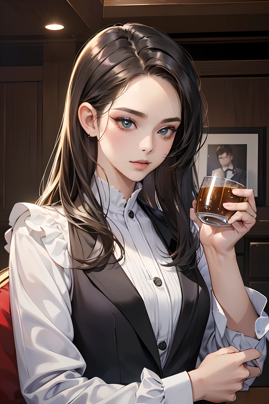 Realistic, (Best Quality, Masterpiece:1.3),  Finely detailed eyes and detailed face, coffee machine, kitchen, It's just that it's not ripe enough, High, dark colored hair, red eyes eyes