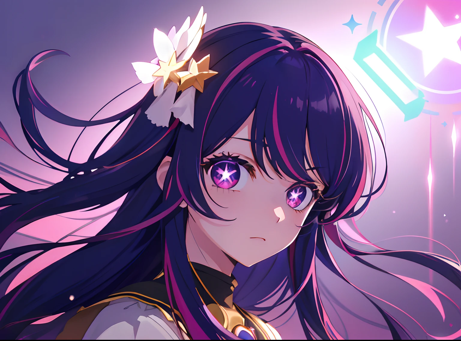 1girl, Hoshino Ai, Long hair, purple hair, Streaked Hair ,violet eyes, star-shaped pupils, hair ornament, (tmasterpiece), (beste-Qualit), (overdetalization),(messy hair),(illustartion), (a 1girl), (trendy clothes), stands, Model, looks at the viewer, (interview), (Simple background), beautiful detail eyes, Gentle beautiful face, soaring, (high saturation), (Colorful splashes), Colorful Bubble, (radiance), facial focus, (radiance), better lighting, better shadow, (tmasterpiece, hiquality, beste-Qualit),
