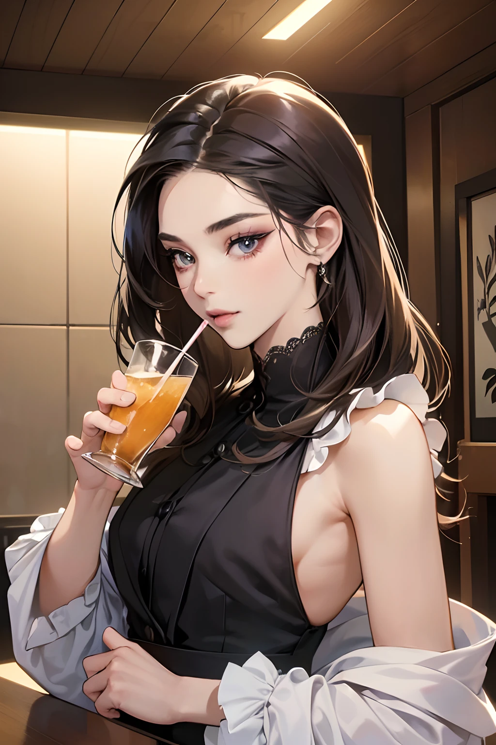 (masutepiece, Digital Art, Digital Illustration, 4K, 8K, Ultra-detailed, beautiful image, Sharp Image, Photorealistic, Raw photo, Perfect face, Perfect lines, Perfect eyes, Soft lighting) ,1 woman, (cabelos preto e longos,straight haired,Bullish gaze,Beautie,ellegance,Solid makeup,23 y-o woman,small tits:1.3),Two handsome men, (Men in suits,well-muscled,Firm shoulder width,Adult male,Boyish hairstyle,English gentlemanly style,Man in his 30s with a cool expression,28-year-old man with bright smile:1.2),A typical family home、Drink at home、Drinking alcohol at home、drinking party、Nokure