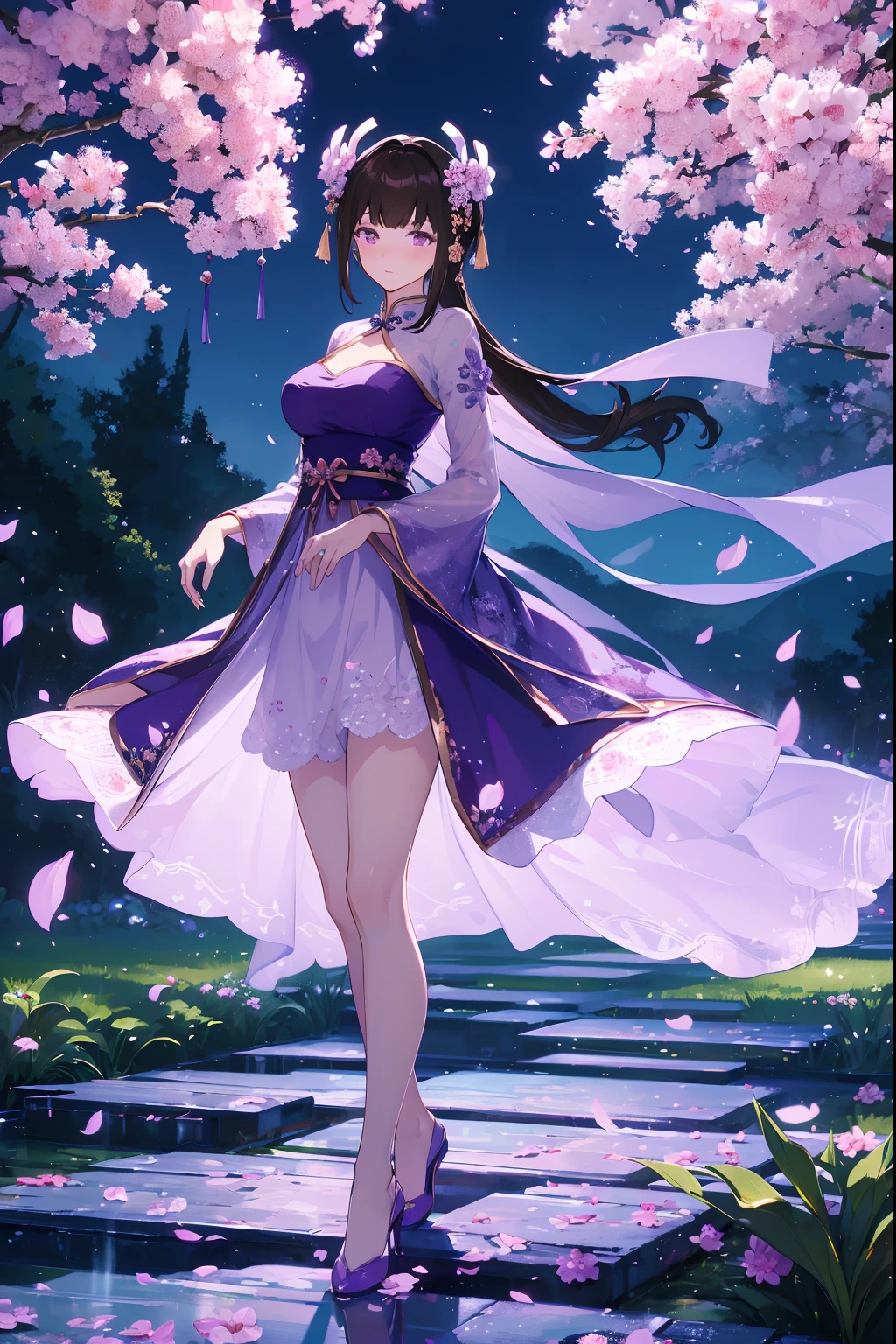 (Best quality,A high resolution,Clear image:1.2),Ultra-detailed background,Beautiful woman,standing on your feet，Purple dress，Chinese style clothes,Delicate petals,Garden scene,Under the moonlight,Romantic atmosphere,Dutch Angle Shot,Soft lighting,shelmet