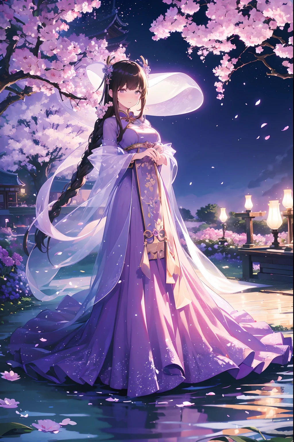 (Best quality,A high resolution,Clear image:1.2),Ultra-detailed background,Beautiful woman,standing on your feet，Purple dress，Chinese style clothes,Delicate petals,Garden scene,Under the moonlight,Romantic atmosphere,Dutch Angle Shot,Soft lighting,shelmet