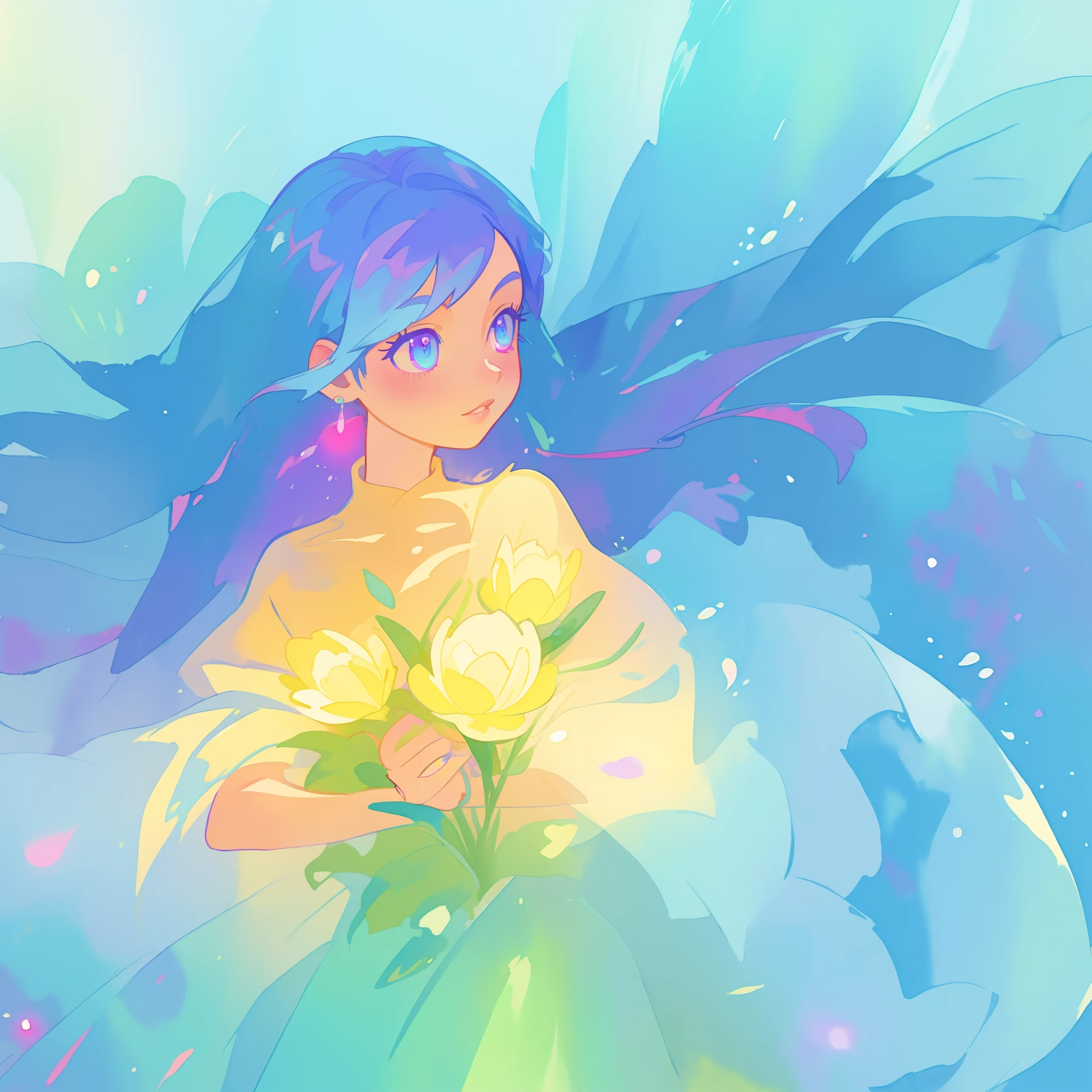 beautiful girl in yellow minut gradient flowing dress, long flowing blue purple pink hair, colorful fantasia background, watercolor illustration, disney art style, glowing aura around her, glowing lights, beautiful digital illustration, fantasia otherworldly landscape plants flowers, beautiful, masterpiece, best quality, anime disney style