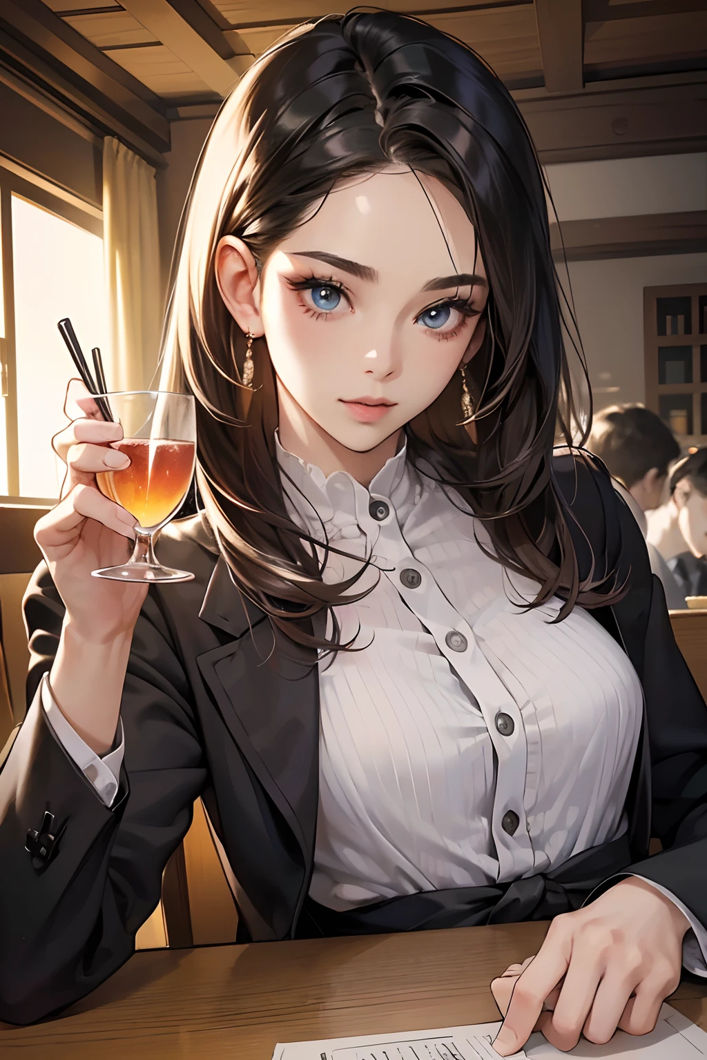 (masutepiece, Digital Art, Digital Illustration, 4K, 8K, Ultra-detailed, beautiful image, Sharp Image, Photorealistic, Raw photo, Perfect face, Perfect lines, Perfect eyes, Soft lighting) ,1 woman, (cabelos preto e longos,straight haired,Bullish gaze,Beautie,ellegance,Solid makeup,23 y-o woman,small tits:1.3),Two handsome men, (Men in suits,well-muscled,Firm shoulder width,Adult male,Boyish hairstyle,English gentlemanly style,Man in his 30s with a cool expression,28-year-old man with bright smile:1.2),A typical family home、Drink at home、Drinking alcohol at home、drinking party、Nokure
