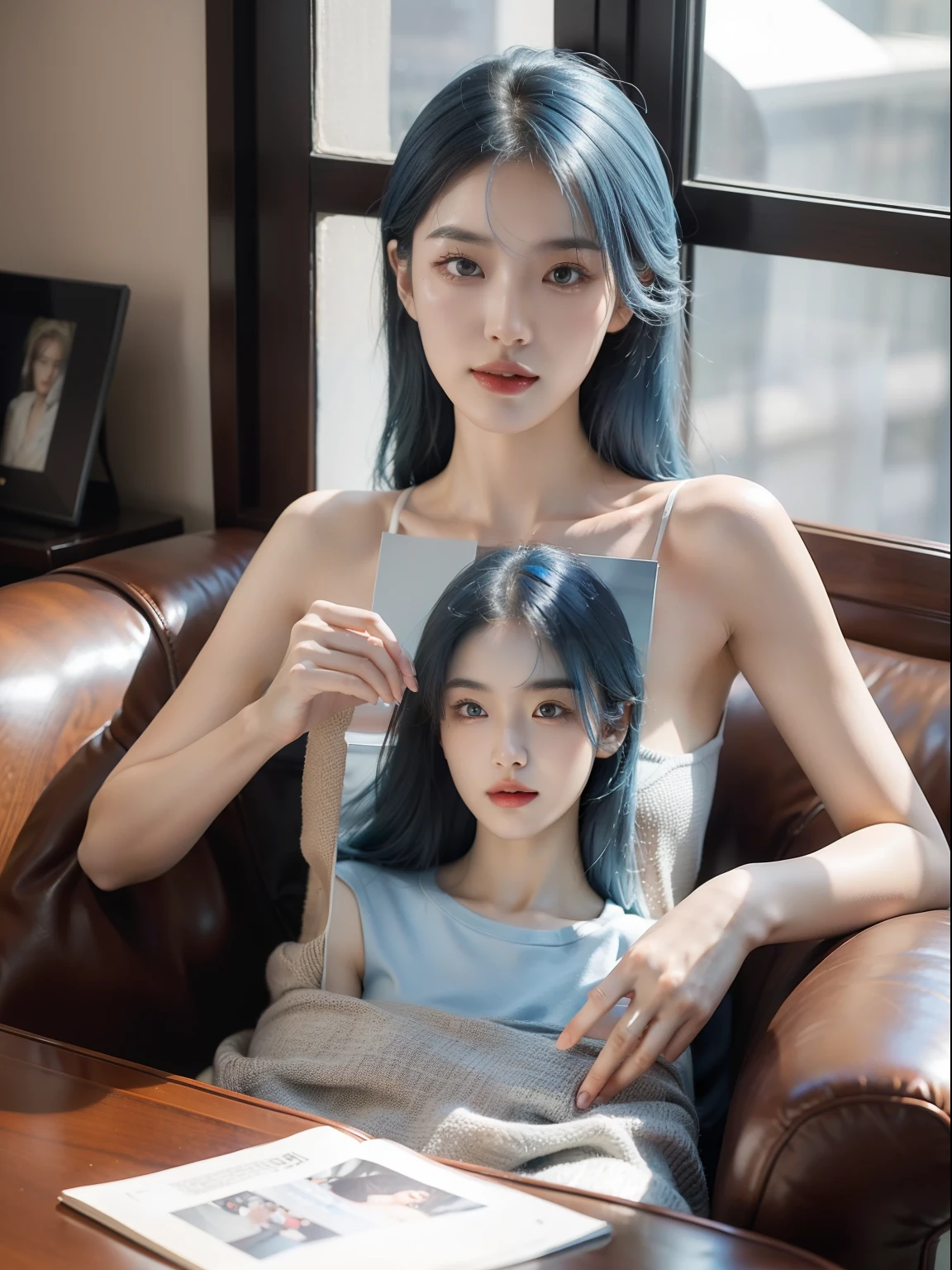 Lee Hyun Korean woman sitting at a coffee table，Holding a photo of sunlight shining through the coffee window, Blue hair, Dynamic pose, Skin texture, Pale skin, Shiny skin, (Slim, Petite:1.2), [:(sharp focus on face, Detailed face, Perfect eyes, view the viewer:1.2):0.2], Photorealistic, filmgrain, Best quality, Masterpiece