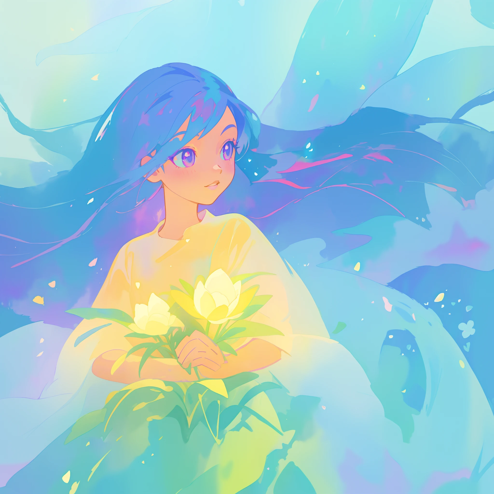 beautiful girl in yellow minut gradient flowing dress, long flowing blue purple pink hair, colorful fantasia background, watercolor illustration, disney art style, glowing aura around her, glowing lights, beautiful digital illustration, fantasia otherworldly landscape plants flowers, beautiful, masterpiece, best quality, anime disney style