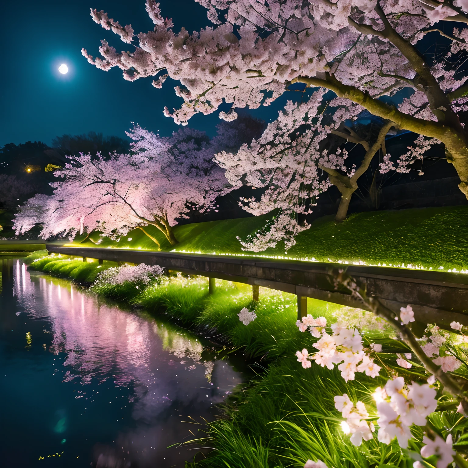 finest image, (8k, RAW photo, realistic), detailed and delicate depiction and flashy and dynamic painting method, cherry blossoms at night, illuminated scenery, many cherry blossoms in full bloom lining the banks of a clear stream, fresh green trees, falling petals, wind, full moon