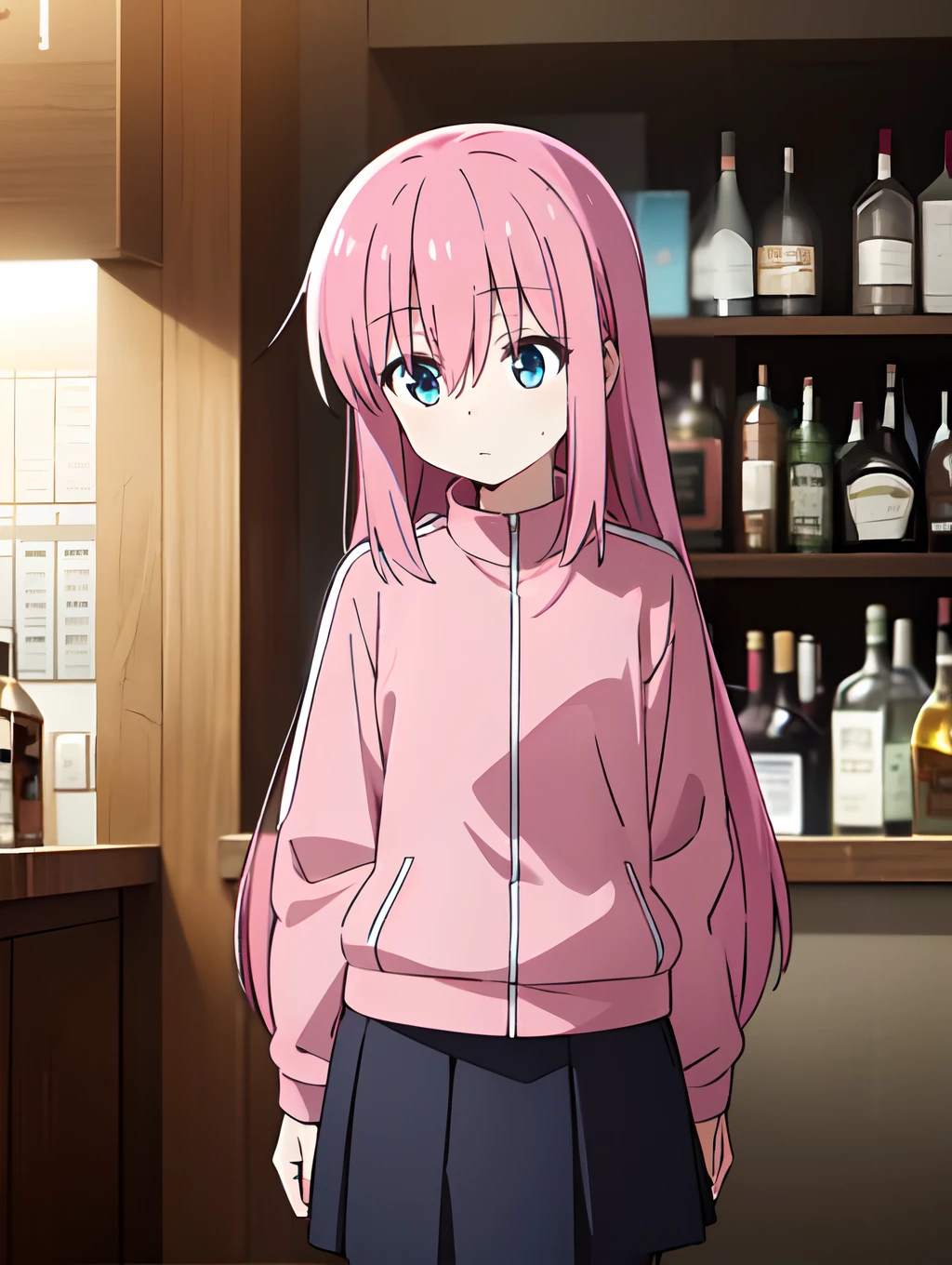 Masterpiece, Best quality, high resolution, ((Hitori Gotou)), blue eyes, bucket hair ornament, hair between the eyes, hair ornament, pink hair, one side up, Long hair, black skirt, long skirt, jacket, long sleeves, pink jacket, sports jacket, tracksuit, upper body, bar,