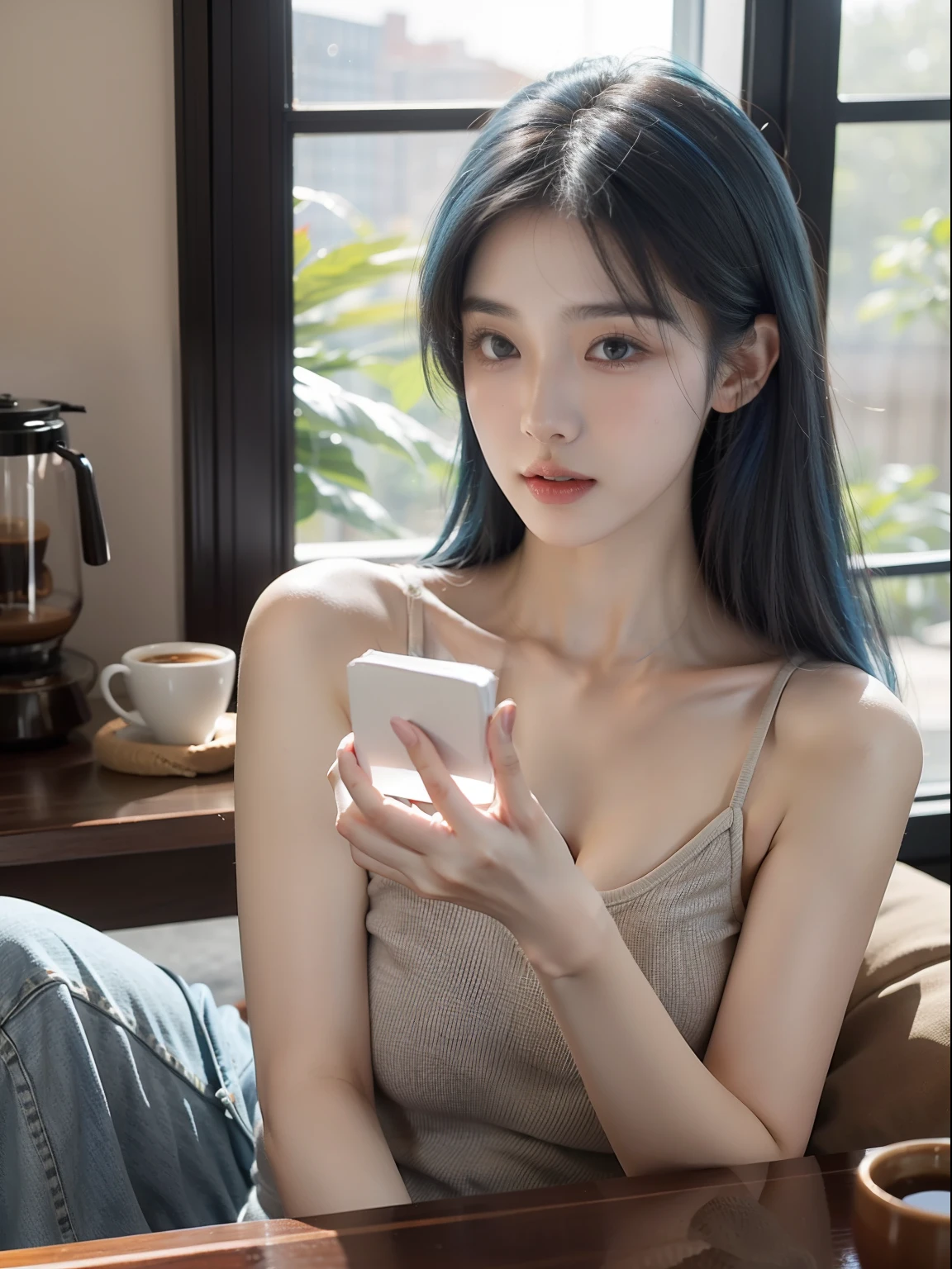 Lee Hyun Korean woman sitting at a coffee table，Holding a photo of sunlight shining through the coffee window, Blue hair, Dynamic pose, Skin texture, Pale skin, Shiny skin, (Slim, Petite:1.2), [:(sharp focus on face, Detailed face, Perfect eyes, view the viewer:1.2):0.2], Photorealistic, filmgrain, Best quality, Masterpiece