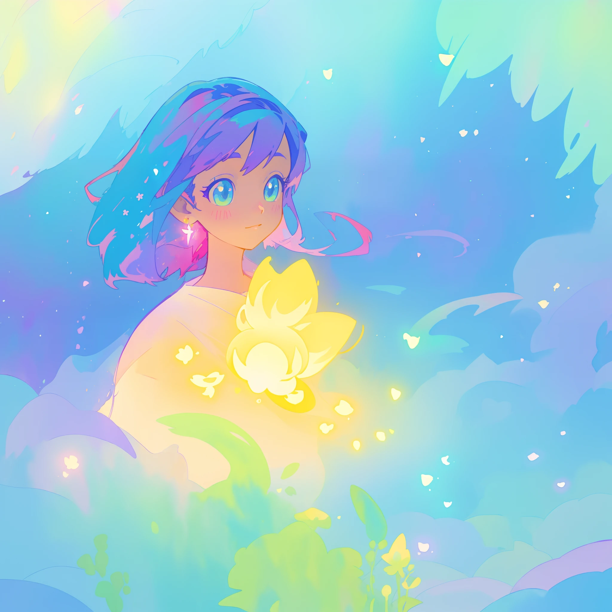 beautiful girl in yellow minut gradient flowing dress, long flowing blue purple pink hair, colorful fantasia background, watercolor illustration, disney art style, glowing aura around her, glowing lights, beautiful digital illustration, fantasia otherworldly landscape plants flowers, beautiful, masterpiece, best quality, anime disney style