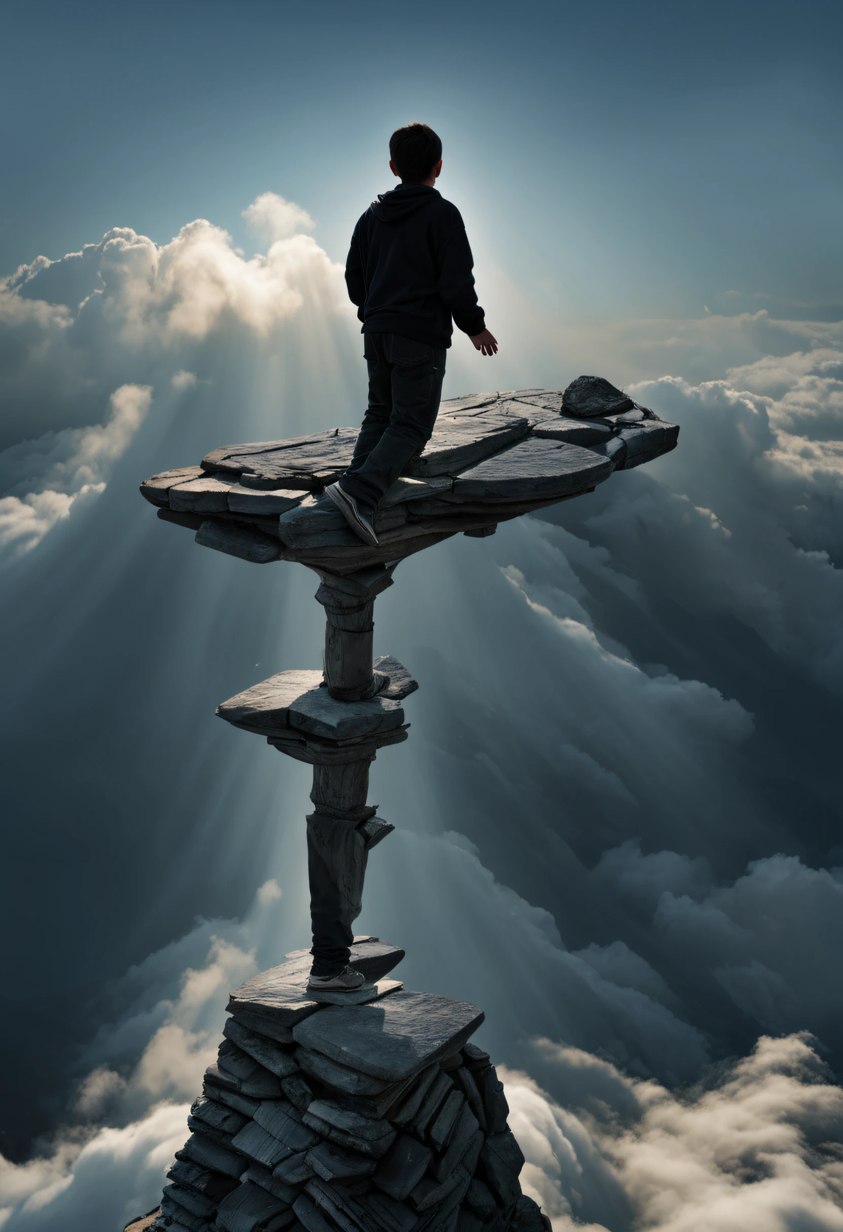 A boy looking down from a narrow small mountain peak, the boy's perspective, the boy standing on a one-foot tall spire, the tower is tall and thin, iron tower, all these towers are made of iron, no one around, the tower swaying from side to side, feeling like it's about to fall, no way down, terrifying, photographically realistic, cinematic view.