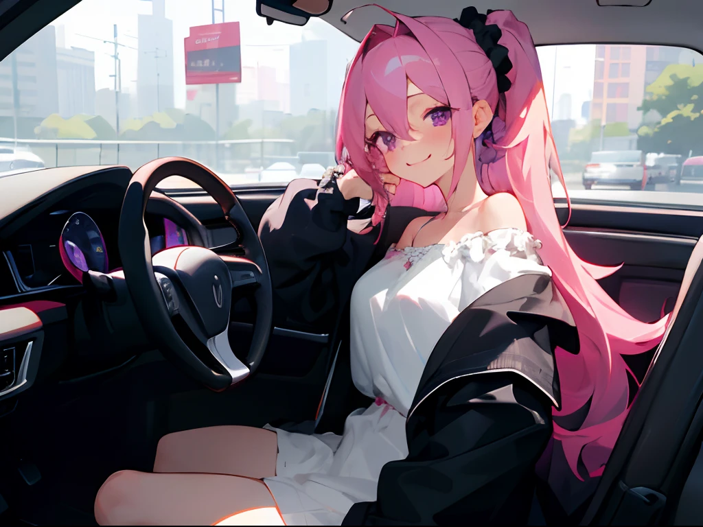 (masterpiece, best quality),1girl sitting in a car ,1girl, jewelry, smile, looking at viewer, car interior, solo,pink hair, purple eyes, steering wheel, blush, long hair, white shirt, off shoulder, black jacket, hair between eyes, long sleeves, , wrist scrunchie,