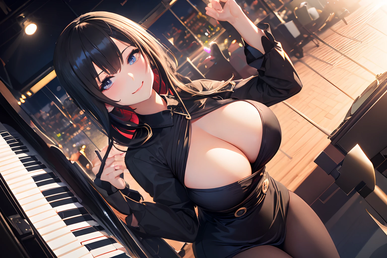 (((A woman playing a piano、concert、Large crowd、elegant black dress))),((Woman on stage、spot light)),((masutepiece,cowboy shot,Angle from top,Wide background,Far angle,FULL BODYSHOT)),Beautiful detailed skin,Perfect human anatomy,perfect hand,beautiful boob,saggy tits,portrait of a beautiful woman,Perfect face,(Cute smile,Bright smile),Cute look,Cute emotions,Think,(blush),enticing lips,Perfect eyes,Cinematic scene,Cinematic,fulcolor,4K,8K,Raw photo,Studio portrait,professionally color graded,Professional Photography,(an extremely delicate and beautiful art)1.3,Elegant,Active Angle,Soft light,Lens Glow,soft clean focus,Realistic lighting and shading,Best Quality,top-quality,hight resolution,(1girl in:1.3)