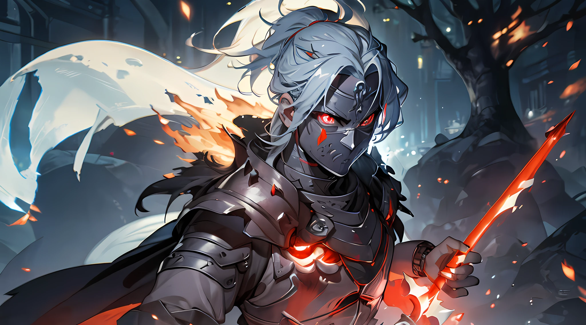 (ultra-detailed, perfect pixel, highres, best quality, beautiful eyes finely detailed), 19 years old boy, (full body:0.8), holding a sword, have power like demon god in manhwa, full of demonic aura, angry facial expression, red eye color (glowing red eyes), red hair (half of his hair covered with blue flame), with knight outfit, elegant, realistic fire, the background is full of magical particles and realistic blue fire. lens flare, glowing light, reflection light, motion blur, 8k, super detail, ccurate, best quality, Ray tracing.