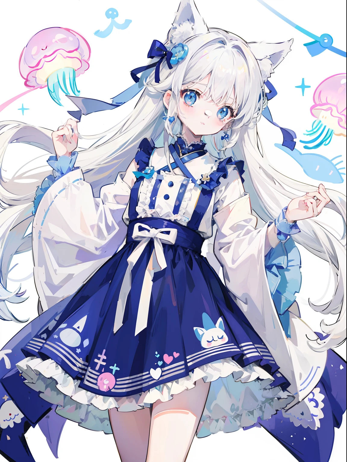 Anime Pictures。Bright and pretty shades。Cute woman with cat ears about 18 years old、Clothes with a design inspired by national costumes。Flowers are fluttering。Flat cute pattern in the background。Extremely high quality、Extremely high image quality、masutepiece、Best-aesthetic、Light blue theme、adolable、Glitter Heart、depth of fields、jellyfish、Cute jellyfish、White hair、Dark blue ribbon on white hair、Lots of ribbon clothes