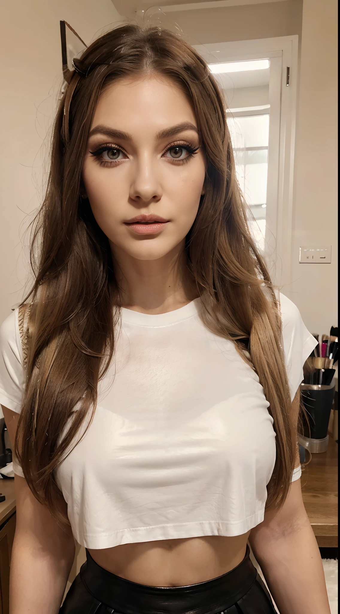 Girl 25 years old, elongated face with smooth contours, foxy cut eyes, big eyes, CUT CREASE eye makeup, graphic arrows on the eyes, (makeup:1.4), gray eyes, long eyelashes, fluffy eyelashes, blonde, long hair, beautiful hairstyle, big hair volume, long nose, nose tip sharp, 4k textures, high detail perfectly smooth skin, silk t-shirt with brand logo, white t-shirt, mini skirt, leather skirt, narrow hips, (warm color:1.1), soft light, (realistic:1.3), fine detail, quality, (masterpiece:1.4), (photorealistic:1.2), (best quality), (detailed leather:1.3), sexy girl look
