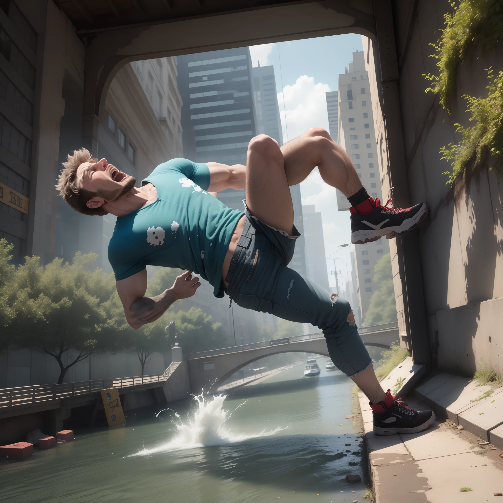 Distressed man falling off bridge