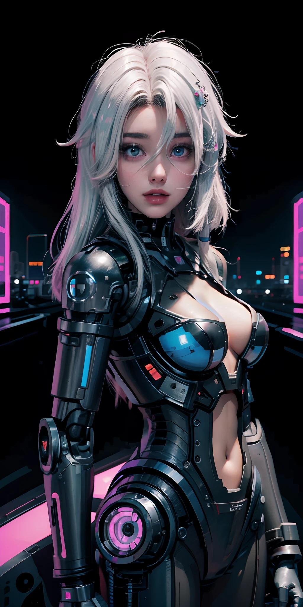 Una chica cyborg retrofuturista con luces de neon ,muchas partes mecanicas , white hair ,big tits , estilo cyberpunk,colores synthwave,otro planeta,cara de robot,estilo terminator,realista,