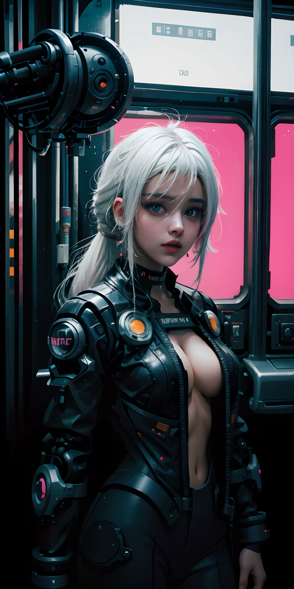Una chica cyborg retrofuturista con luces de neon ,muchas partes mecanicas , white hair ,big tits , estilo cyberpunk,colores synthwave,otro planeta,cara de robot,estilo terminator,realista,