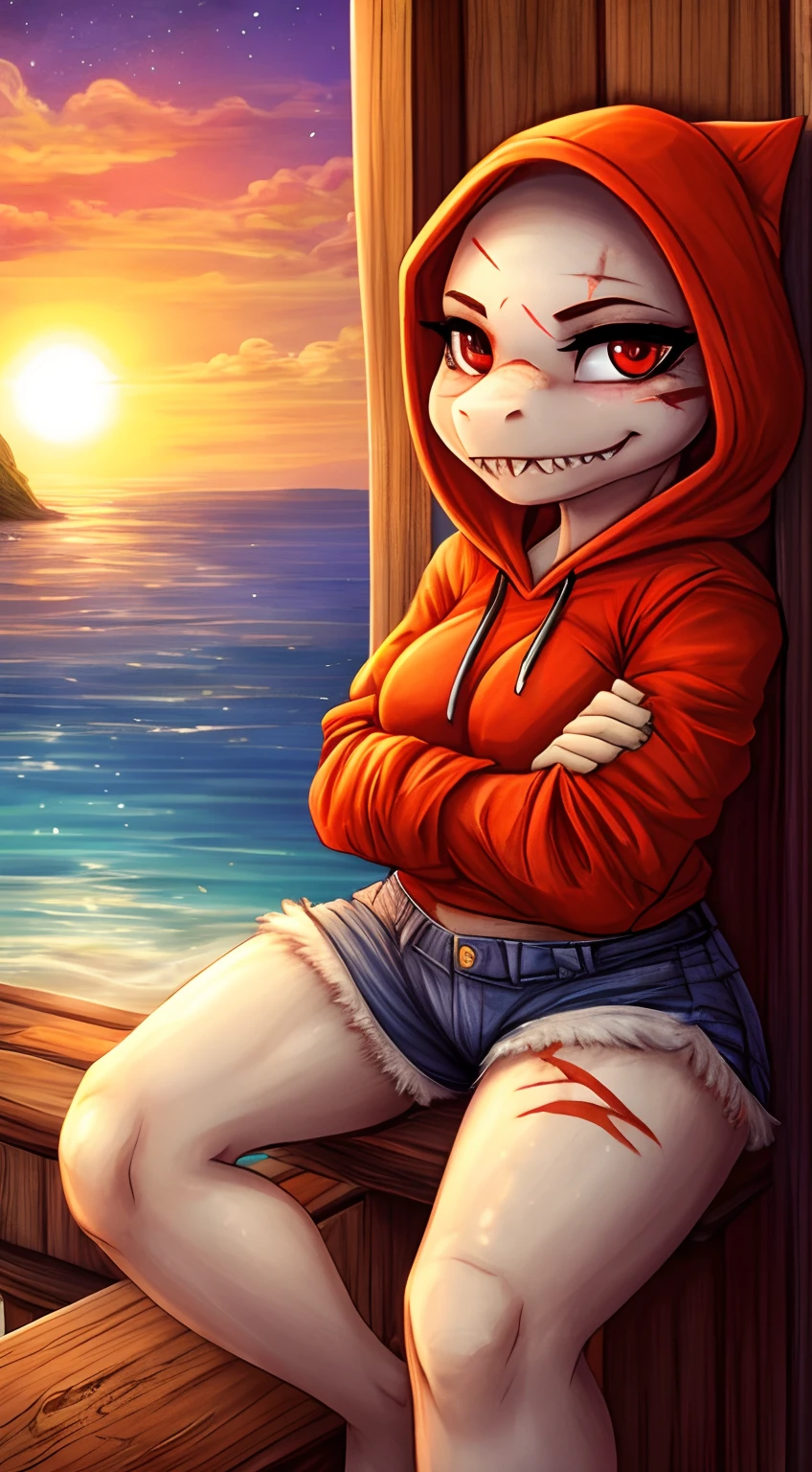 Piranha ,1girl,best quality,masterpiece, beach,black bikini, beautiful details, beautiful textures, beach, dusk, stars in the sky, sitting by a campfire, smile,shorts, sharp teeth,solo,bald,red eyes,scar on the eye, scars on the body, red eyes, bald head, short stack,hoodie,hood,open hood,big boobs,fish,piranha,fish piranha,fish tail, fins,big tail,blood in hands,blood in mouth, happy, celebrating, bloody mess, blood in body,He has blood on his body, bathed in blood, blood on his hands, soaked in blood,exposing boobs,by dimwitdog,crouching, presenting butt, anus,vagina,bottomless,white skin,anus focus,