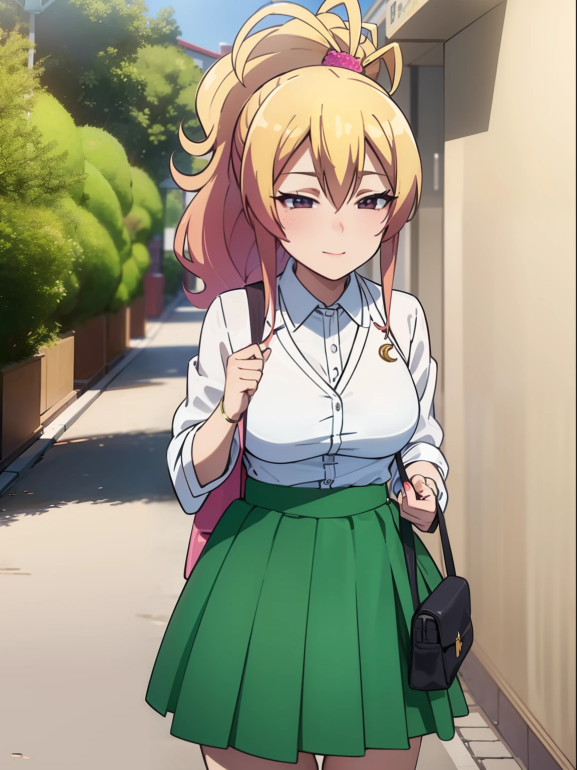 1 chica,rubia, Pelo de cola de caballo, lipstick, ojos verdes, Uniforme escolar, girlish, (solamente), They are smiling, falda verde, Camisa blanca, They are smiling, , entrada de escuela, escote, Vista de la flor de sakura desde abajo, tetas grandes y redondos, caderas anchas, muslos anchos,