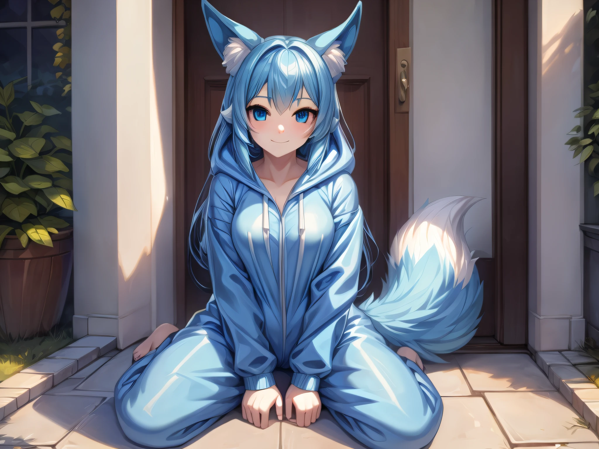 (Masterpiece) (High Detail) (High Res) A short humanoid girl with pale skin and blue eyes and long blue hair and blue dog ears and a big fluffy dog tail is looking welcoming and is kneeling on a front doorstep alone dressed in a transparent onesie.