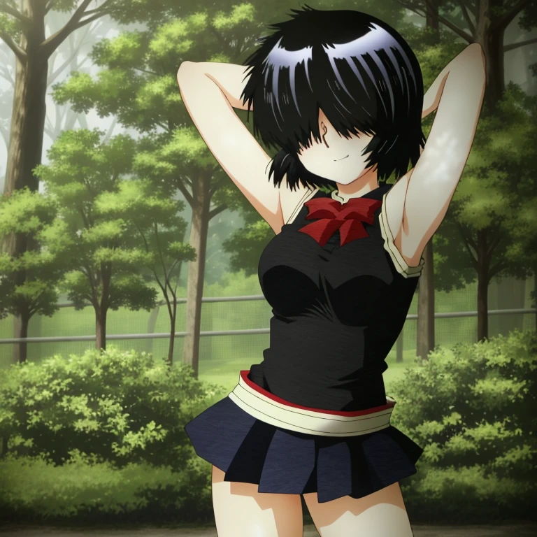 MikotoUrabe,1girl,hair over eyes, black undershirt, looking at viewer, contrapposto, spread armpit, arms behind head, solo, forest, night, smile,