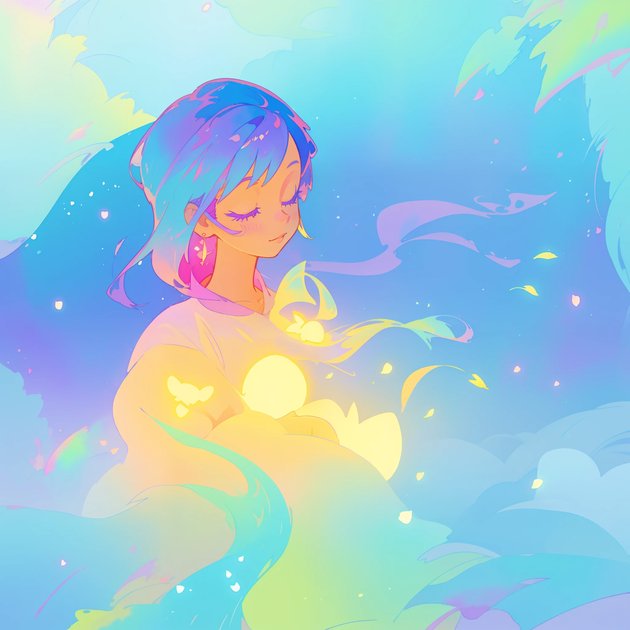 beautiful girl in yellow minut gradient flowing dress, long flowing blue purple pink hair, colorful fantasia background, watercolor illustration, disney art style, glowing aura around her, glowing lights, beautiful digital illustration, fantasia otherworldly landscape plants flowers, beautiful, masterpiece, best quality, anime disney style