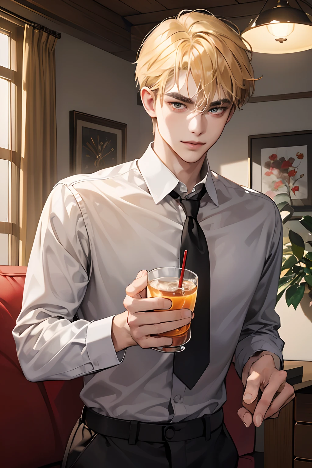 (masutepiece, Digital Art, Digital Illustration, 4K, 8K, Ultra-detailed, beautiful image, Sharp Image, Photorealistic, Raw photo, Perfect face, Perfect lines, Perfect eyes, Soft lighting) 1 male human, (a blond,Brown eyes,hair between eye,hair messy,short-hair,deadpan,Goofy face,Parallel eyebrows,Narrow-eyed,kindly smile,ember,28 years old:1.3),Handsome men, (ember,Business Shirt,neck tie,Thin macho,Firm shoulder width,Adult male:1.2),small plants,Sleepy face,Frantically opening your eyes,Loosen your tie,5 minutes before work,Living alone in a 1LDK,Hairstyle check,inside in room,Vintage Sofa,Double sofa,Simple Western-style room,white walls,Drinking at home、Home drinking、drinking party、Nodakure