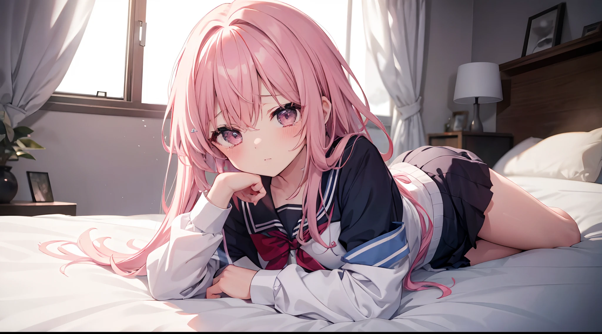 ((Masterpiece)), ((Best quality)), ((high definition 4k |)), ((Female character)),girl wearing school uniform，（A pink-haired），in a  bedroom，Blushing，Mouth closed，embarrassing expression，Tears flashed in the corners of his eyes，Shy emotions，red puffy eyes。Backstory, ((on bedroom)), details in the environment, surrounding objects, ((lighting))，（nakeness），((be violated)),Lie down in bed，seductiv,Lying on your side