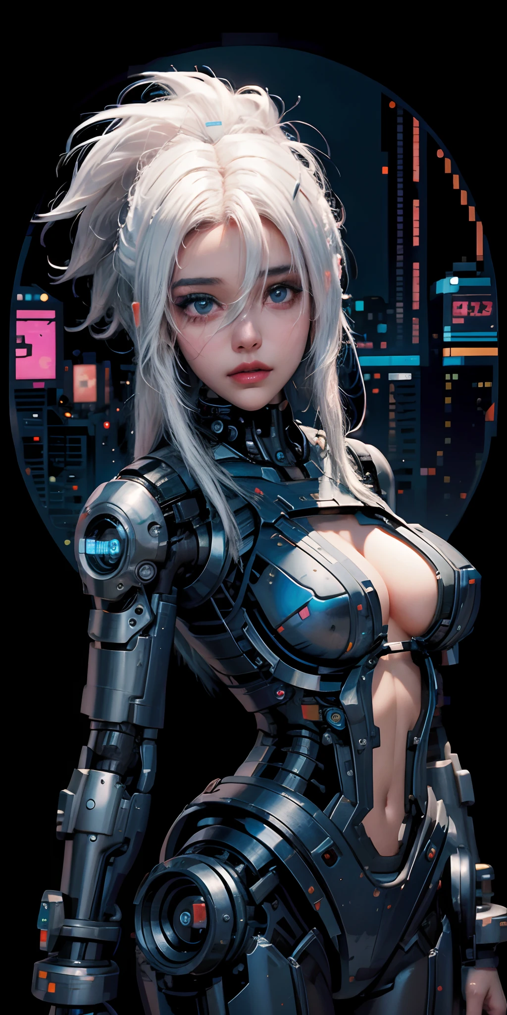 Una chica cyborg retrofuturista con luces de neon ,muchas partes mecanicas , white hair ,big tits , estilo cyberpunk,colores synthwave,otro planeta,cara de robot,estilo terminator,realista,