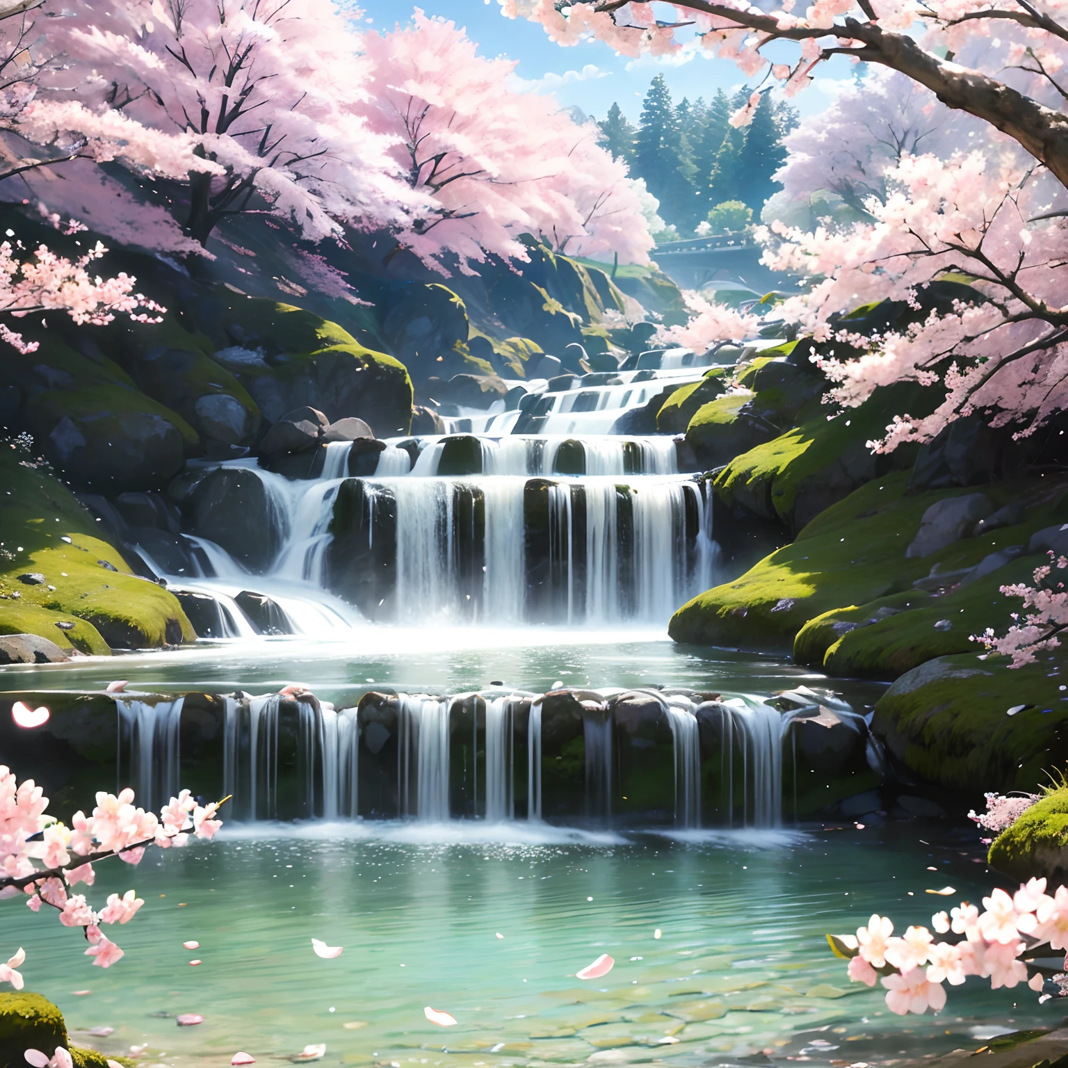 finest image, (8k, RAW photo, realistic), detailed and delicate depiction and flashy and dynamic painting method, lots of cherry blossoms in full bloom lining the banks of the clear stream, fresh green trees, falling petals, sunny skies, wind