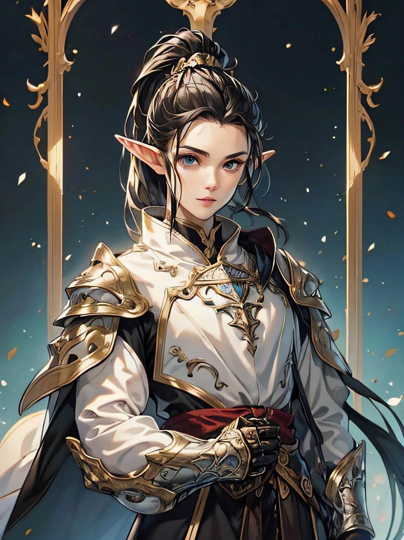top-quality、ultra-detailliert、Very delicate、lighting like a movie、Unique lighting effects、4/5 shots、Focus from the waist up、Beautiful 40 year old female elf upper body portrait、Environments with complex details、Elegant person、Graceful aura、Elaborate patterns that blend fantasy and modernity、Black cloak of flowing fabric、Richly textured black leather armor and leggings、Delicately carved black plate armor、Bustling medieval cityscape and castle in the background、Mystical atmosphere filled with magical elements、Detailed background depiction、Deep sense of depth、A dark-haired、tall、a small face、well-proportioned figure、Hairstyle Ponytail、Seductive blue eyes、Sharp eyes、hyperdetailed face、A detailed eye、Detailed hand depiction、Detailed foot depiction、Dynamic action、Look at viewers