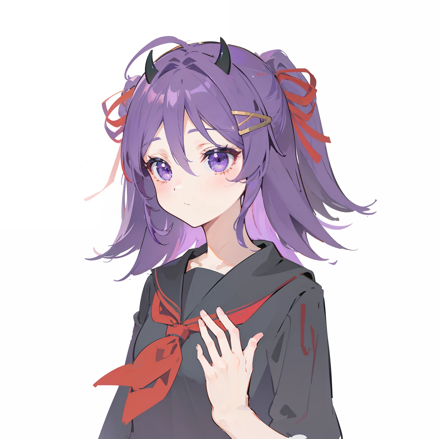 {{best quality}}, {{masterpiece}}, {{ultra-detailed}}, {illustration}, {detailed light}, Purple hair, red headband, sailor suit, hair clip, devil horns