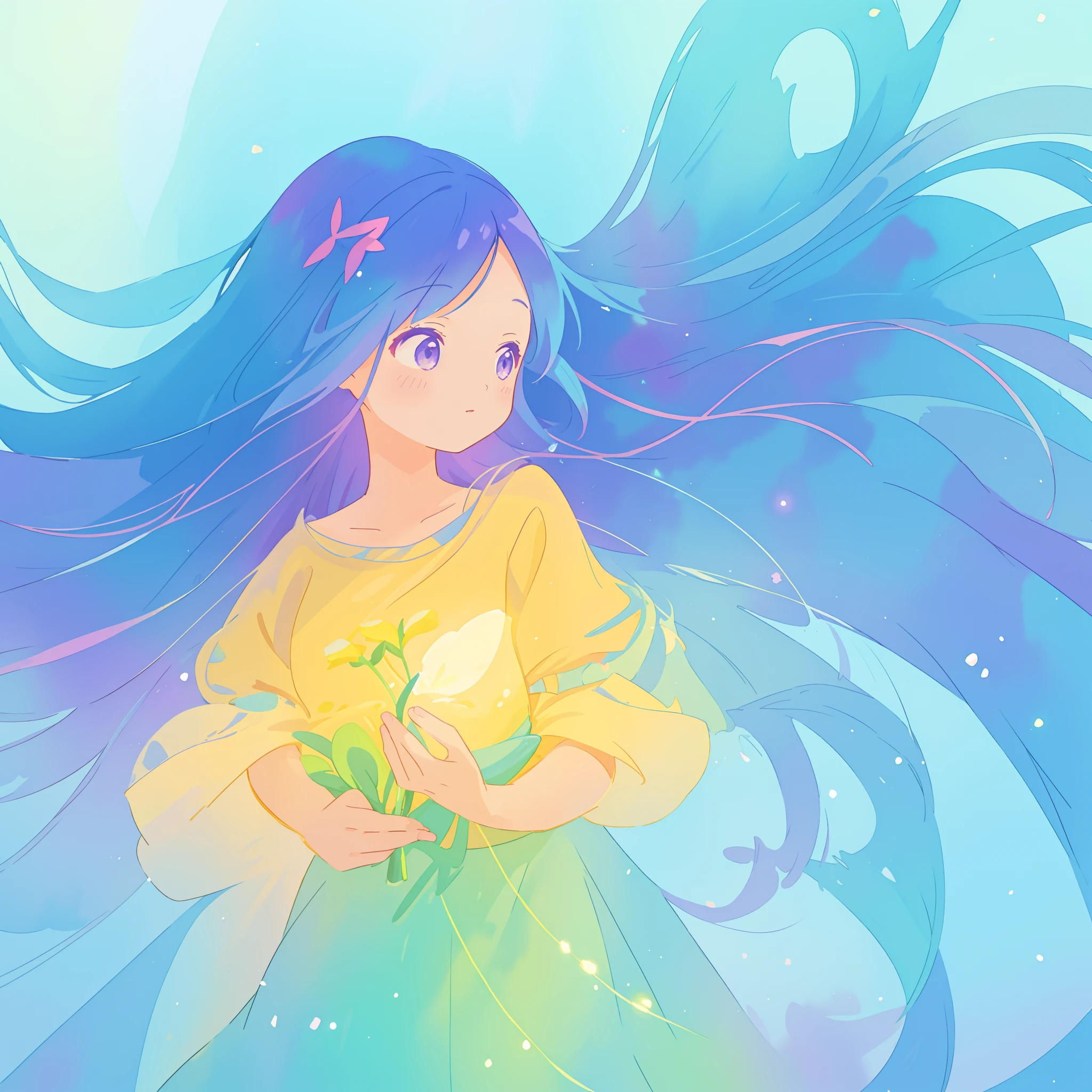 beautiful girl in yellow minut gradient flowing dress, long flowing blue purple pink hair, colorful fantasia background, watercolor illustration, disney art style, glowing aura around her, glowing lights, beautiful digital illustration, fantasia otherworldly landscape plants flowers, beautiful, masterpiece, best quality, anime disney style